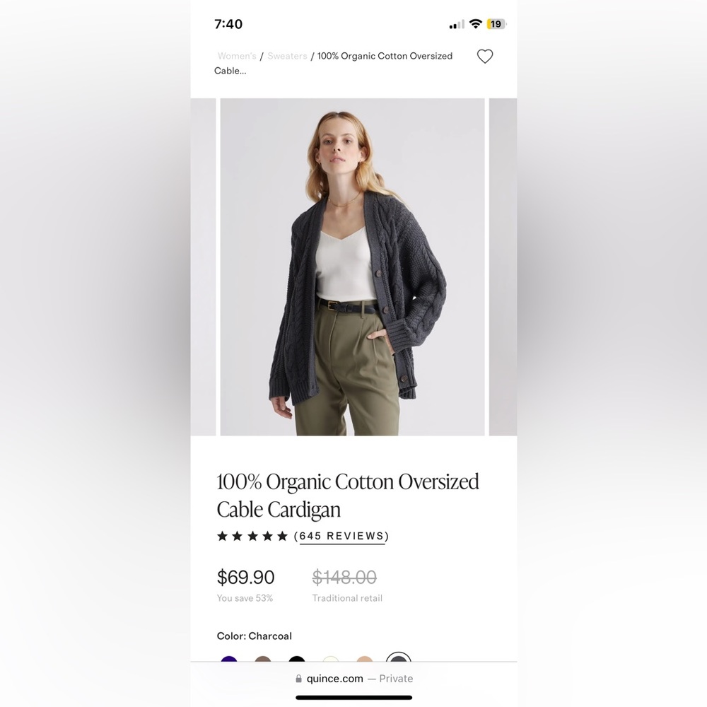 Quince 100%  Organic Cotton Oversized Cable Cardigan - Charcoal